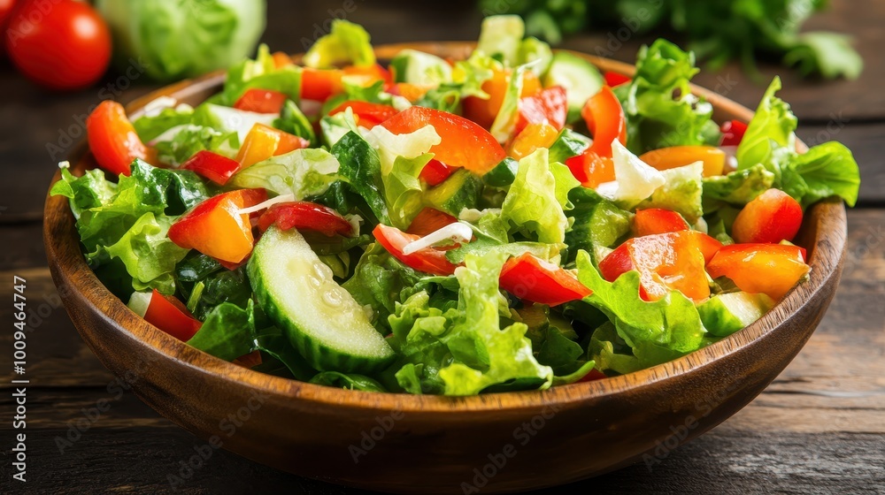 Healthy meal, close-up of vibrant salad with fresh vegetables, rustic kitchen background Healthy meal, close-up of vibrant salad with fresh vegetables, rustic kitchen background
