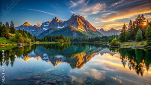 Serene Mountain Landscape with Reflections in a Tranquil Lake Under a Clear Blue Sky at Sunset