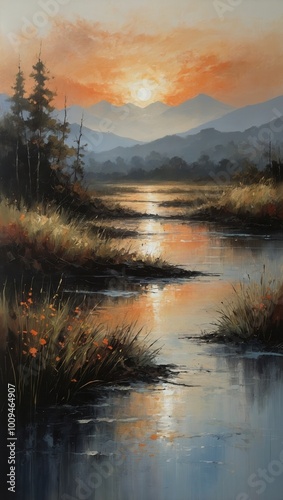 Winding stream through valley at sunset, natural landscape painting