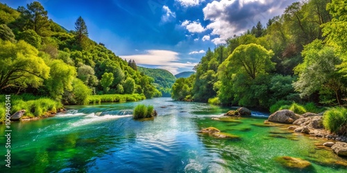 Serene Natural Landscape with Lush Green Forests and Tranquil River Flowing Under Clear Blue Sky
