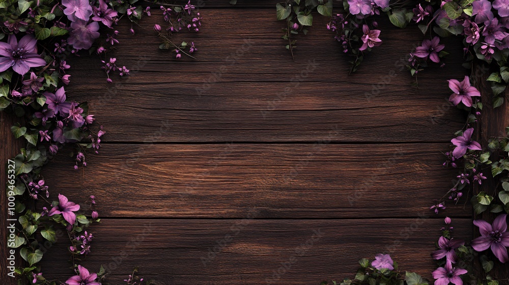 Fototapeta premium Purple Flowers with Green Leaves on Dark Brown Wood Background.