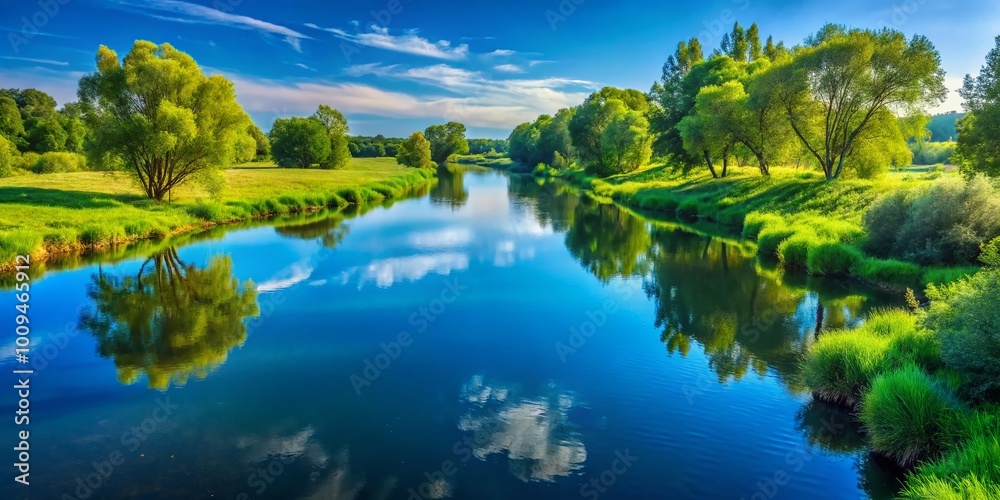 Serene Neiman River Landscape with Lush Green Banks and Reflections Under a Clear Blue Sky
