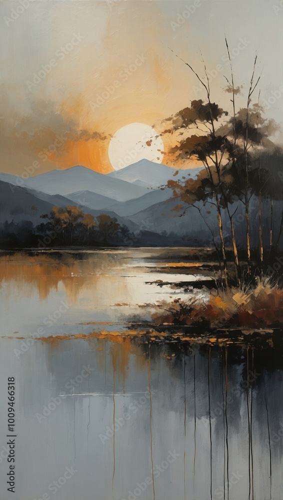 Fototapeta premium Split landscape painting with sunset on the left and abstract on right