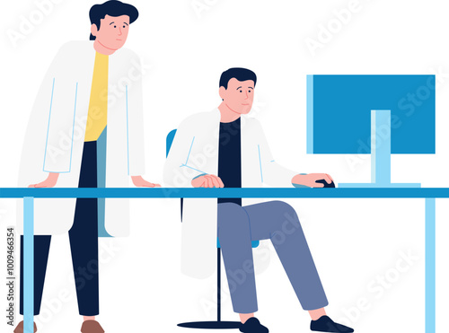 Scientist work at computer desk. Professional laboratory teamwork