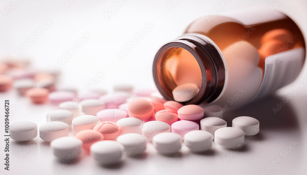 Bottles and scattered pills on a colored background, text space
Bottles and scattered pills on a colored background, text space