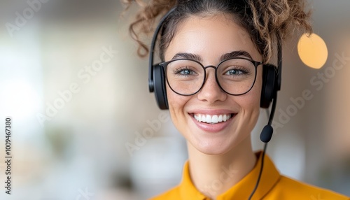 A smiling American woman working remotely, wearing a headset and chatting with her team during a video meeting.