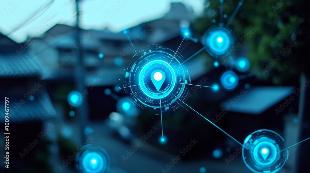 Obraz premium Digital location pins over a modern street, blurred background, technology concept.