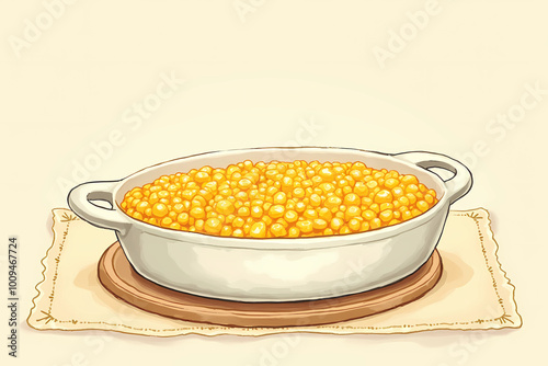 Illustrated corn casserole in simple white dish