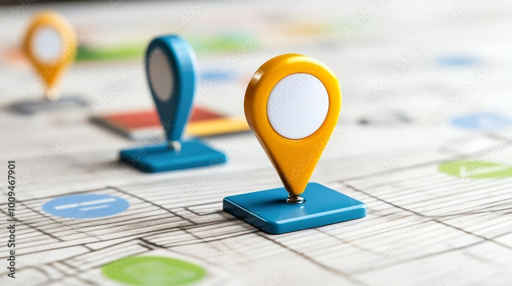 Fototapeta premium Colorful location pins on a map, white isolate background