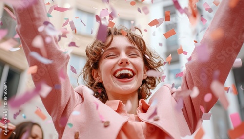 A young businesswoman with short hair, dancing under a confetti shower, smiling as she celebrates a company win.