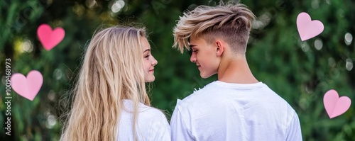 A young couple exchanging love letters, with paper hearts fluttering around them to represent the timeless act of expressing love.