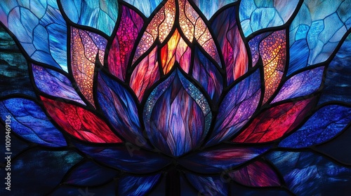 A richly detailed lotus flower in stained glass, with intricate patterns inside the petals, using deep blues, purples, and reds, perfect for a spiritual or meditative space