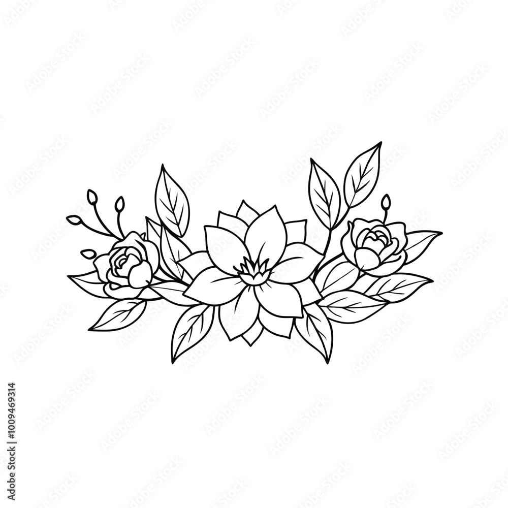 Obraz premium Minimalistic Floral Border with Outline Flowers and Leaves