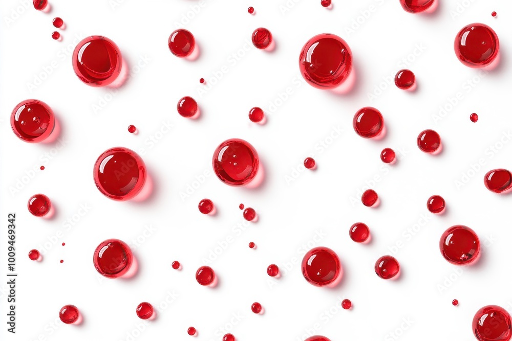 Set of 3d crimson liquid spheres showcasing embedded molecules, arranged against a light background Set of 3d crimson liquid spheres showcasing embedded molecules, arranged against a light background