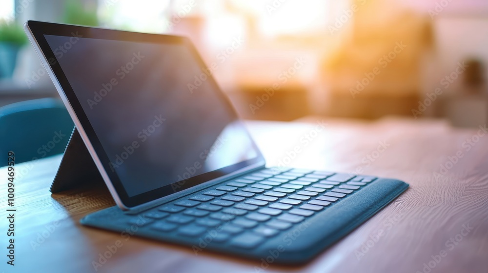 Remote work tools, close-up of tablet, home office background Remote work tools, close-up of tablet, home office background