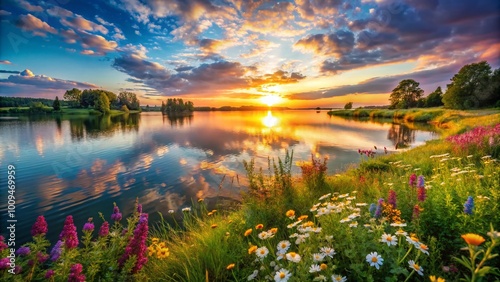 Wallpaper Mural Serene Sunset Over Tranquil Lake Surrounded by Lush Greenery and Colorful Wildflowers in Spring Torontodigital.ca
