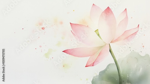 A minimalist watercolor lotus painting, using only a few strokes of soft pink and green to suggest the form of the flower, with splashes of color lightly filling the background
