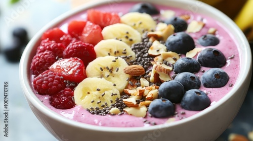 Smoothie bowl, close-up of smoothie topped with fresh fruits and nuts, bright kitchen