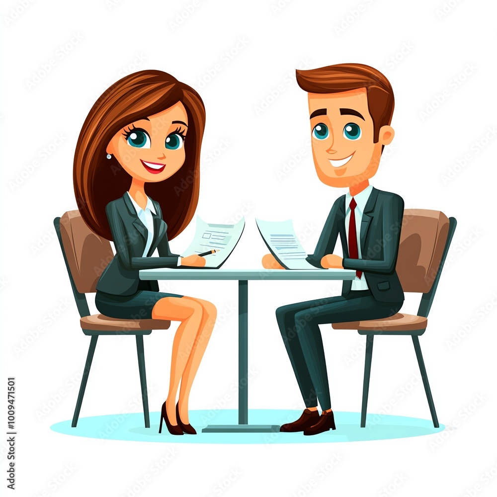 A cheerful business meeting between a man and a woman, both dressed in professional attire, sitting at a table with documents. A cheerful business meeting between a man and a woman, both dressed in professional attire, sitting at a table with documents.