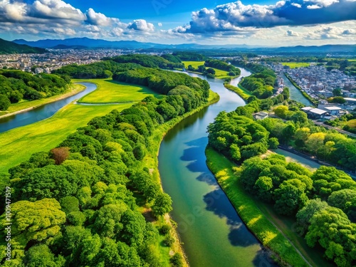 Serene View of Yodogawa River Surrounded by Lush Greenery and Tranquil Nature Landscape photo