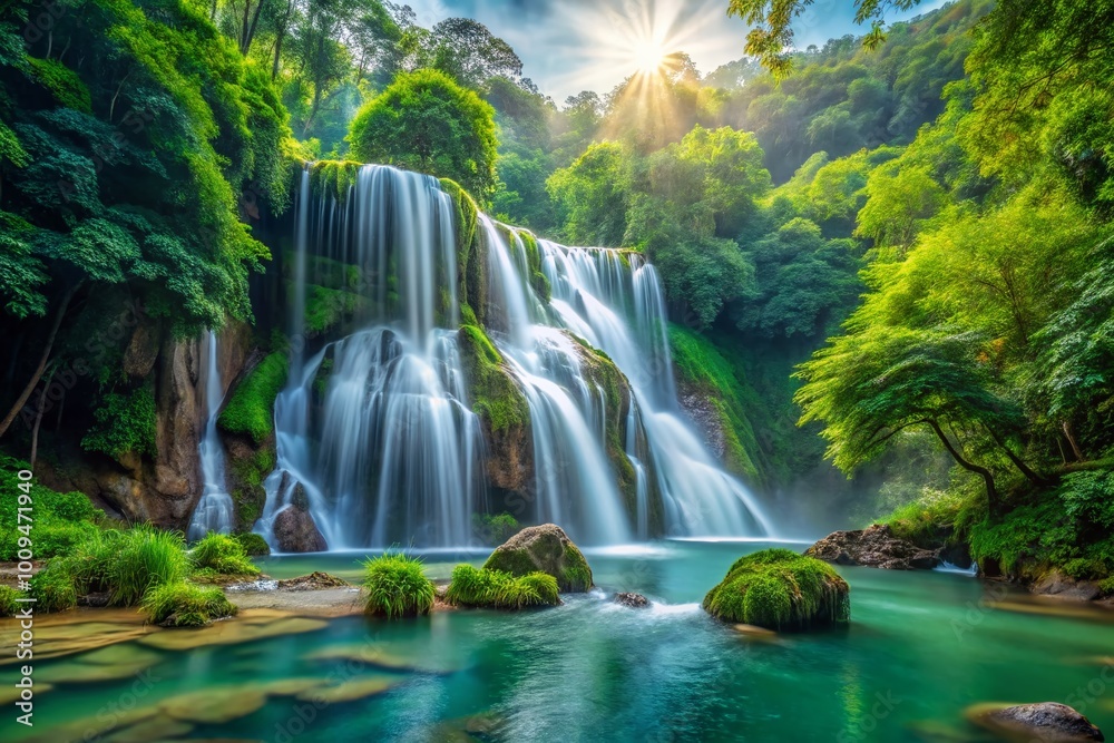 Fototapeta premium Serene Waterfall Surrounded by Lush Greenery Creating a Tranquil Nature Wallpaper Background