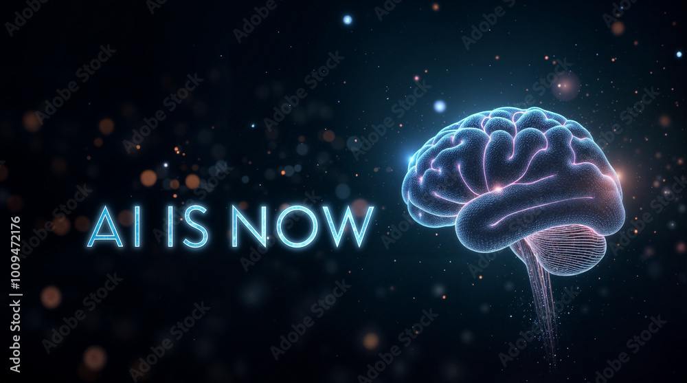 Glowing digital brain with “AI is now” text in futuristic design