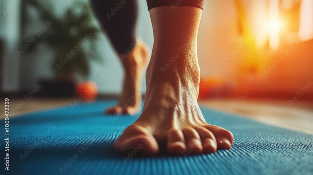 Stretching exercises, close-up of hands reaching towards feet, bright yoga mat in the background Stretching exercises, close-up of hands reaching towards feet, bright yoga mat in the background