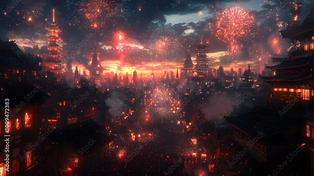 Fototapeta premium Celebratory Night with Vibrant Fireworks Display