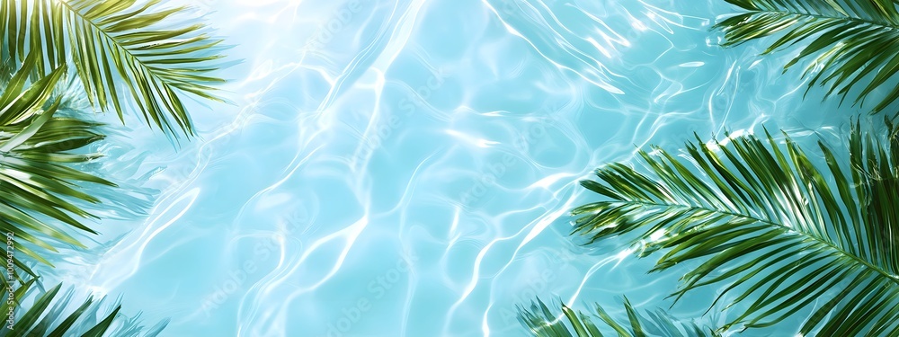 Light blue water background with palm leaves and ripples, swimming pool water, light aquamarine, tropical beach Light blue water background with palm leaves and ripples, swimming pool water, light aquamarine, tropical beach