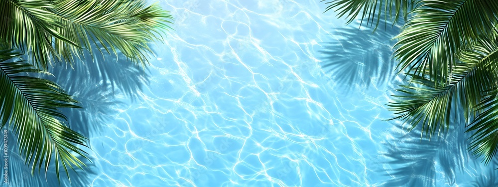 Light blue water background with palm leaves and ripples, swimming pool water, light aquamarine, tropical beach Light blue water background with palm leaves and ripples, swimming pool water, light aquamarine, tropical beach