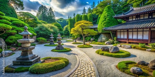 Serene Zen Garden at Daitokuji Temple Featuring Lush Greenery, Stone Lanterns, and Raked Gravel photo