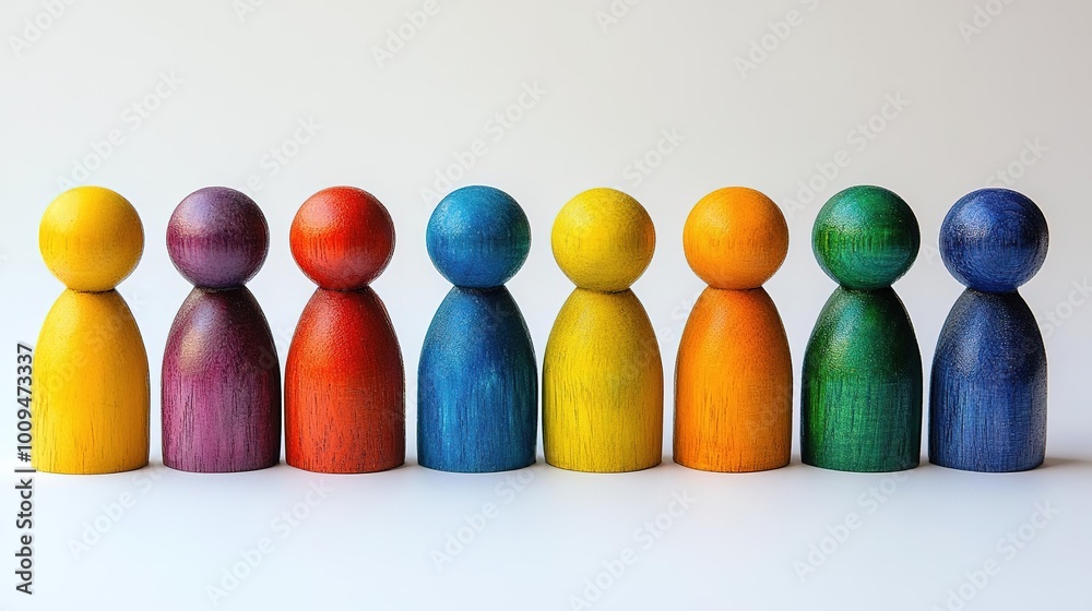 Colorful wooden figures in a row symbolize diversity, unity, and creativity in design or educational concepts. Colorful wooden figures in a row symbolize diversity, unity, and creativity in design or educational concepts.