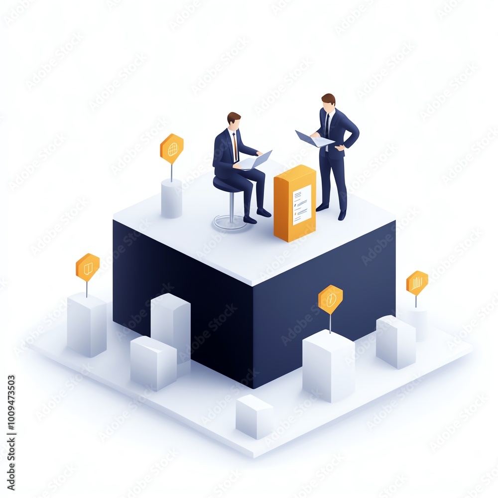 Two professionals engage in a presentation on a stage, with digital elements and podiums highlighting a modern, dynamic corporate environment. Two professionals engage in a presentation on a stage, with digital elements and podiums highlighting a modern, dynamic corporate environment.