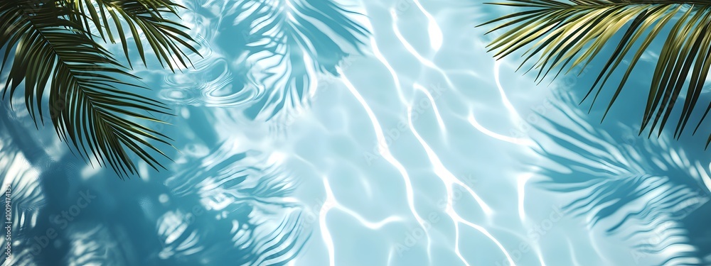 Light blue water background with palm leaves and ripples, swimming pool water, light aquamarine, tropical beach Light blue water background with palm leaves and ripples, swimming pool water, light aquamarine, tropical beach