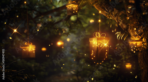 Small gift boxes hanging from tree branches in an enchanted forest, glowing softly. Fireflies float around, adding a magical touch to the dark, mysterious night scene. 
