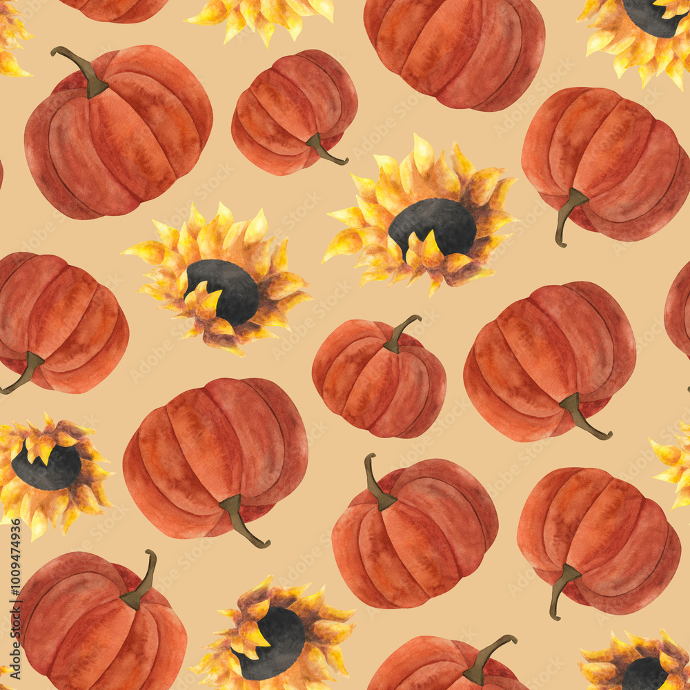 Fototapeta premium Watercolor pumpkin and sunflower seamless pattern Autumn 2024 Harvest festival decoration Thanksgiving design Halloween Wrapping wallpaper textile print Beige background Ripe gourd Squash vegetable