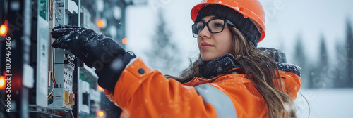 female engineer in winter gear working outdoors in snow 