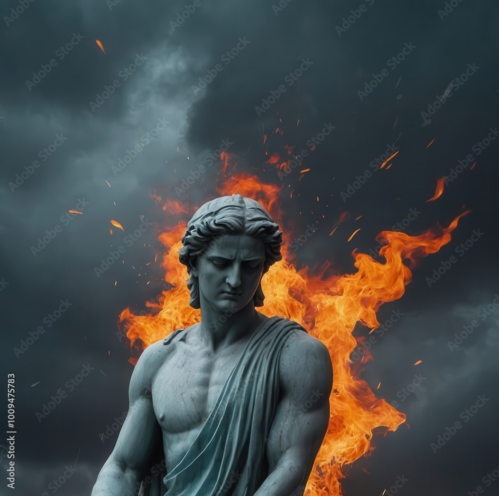 Neoclassical male torso statue with flames in a chaotic setting Neoclassical male torso statue with flames in a chaotic setting