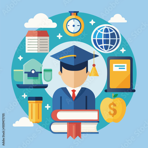 graduation cap books computer flask pencil back to shool education icon set.