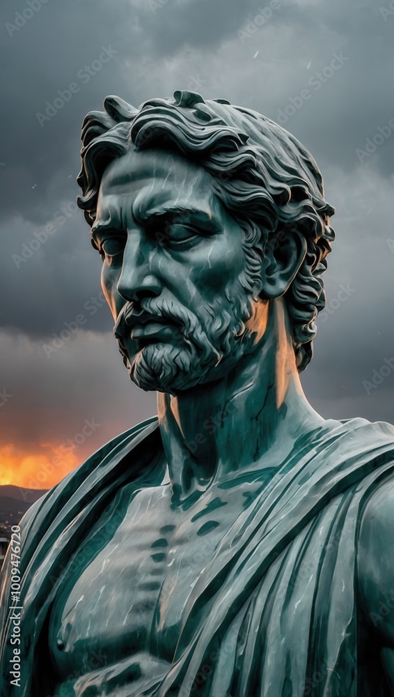 Obraz premium Classical male statue with short hair set against a stormy sky