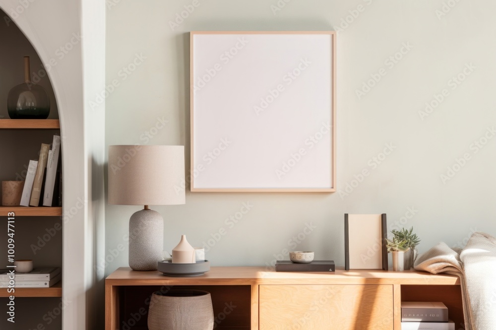 Fototapeta premium Framed canvas on the arch livingroom wall lamp furniture table.