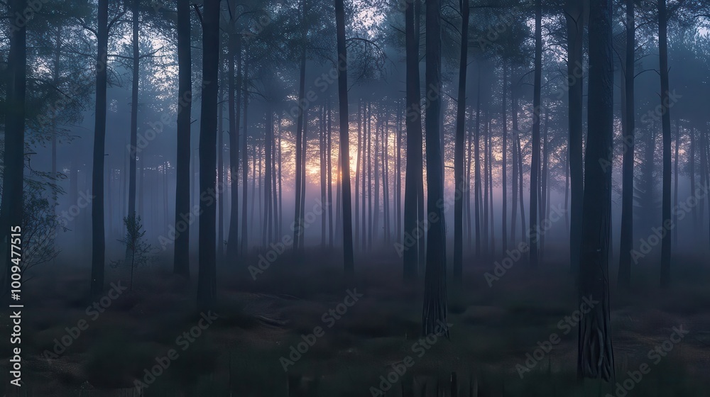 Fototapeta premium A misty forest at dawn, with tall trees silhouetted against a soft, glowing sunrise.