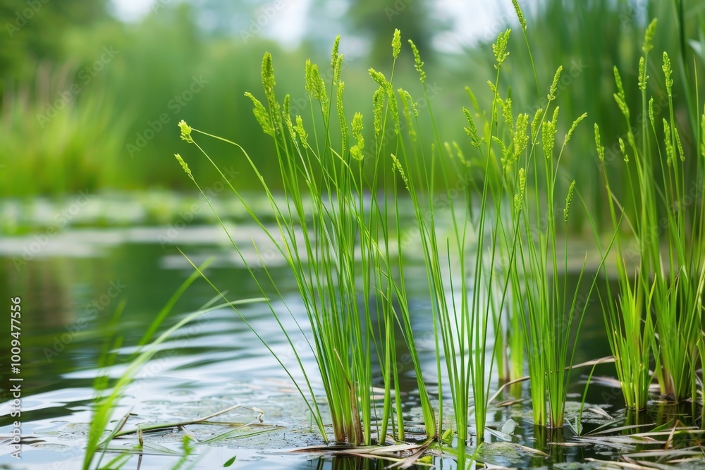 Obraz premium A bunch of green grass is floating on the water, generative ai image
