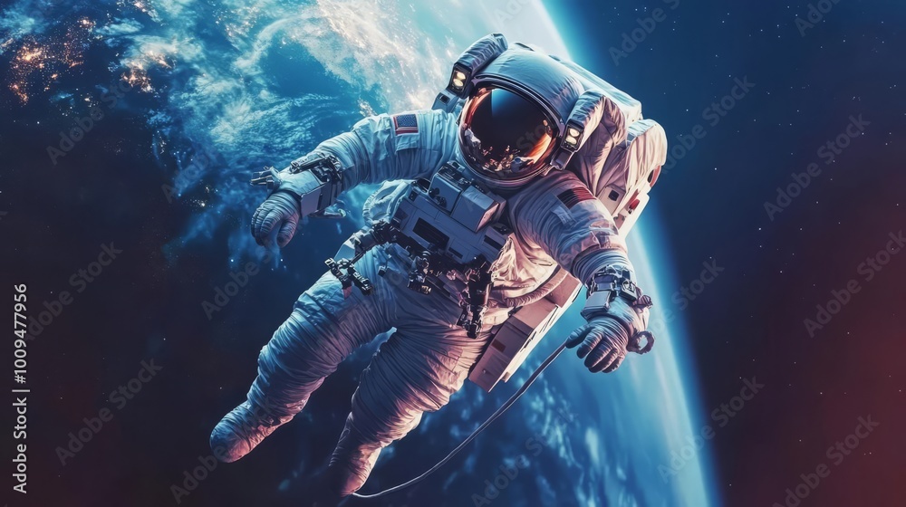 Astronaut floating effortlessly in outer space with Earth as a stunning backdrop. A remarkable depiction of space exploration. Astronaut floating effortlessly in outer space with Earth as a stunning backdrop. A remarkable depiction of space exploration.