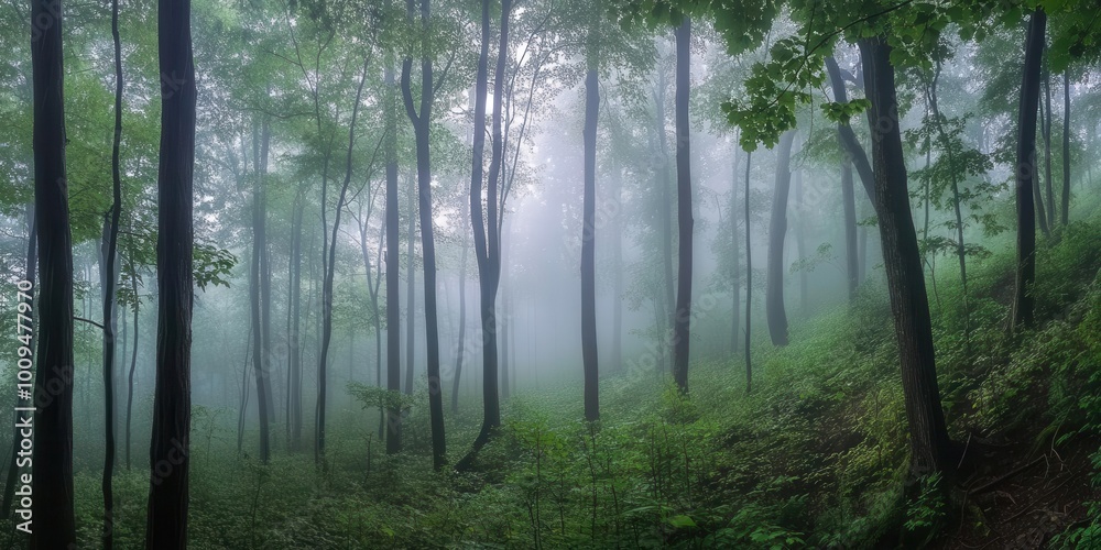 A misty forest landscape with tall trees and lush greenery. A misty forest landscape with tall trees and lush greenery.