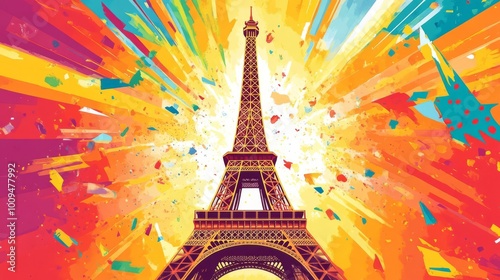 Vibrant digital art of the Eiffel Tower with an explosion of colors in the background, symbolizing the energy of Paris.