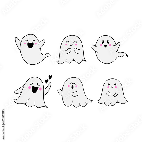 Set of cute Ghosts for Happy Halloween celebration. Design element for stickers, poster, greeting cards.