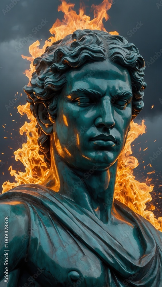 Classical male face sculpture with flames against a dark sky Classical male face sculpture with flames against a dark sky