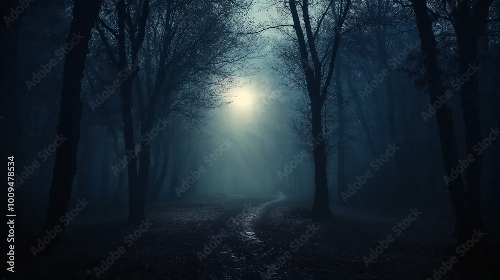 Naklejka premium Moonlit forest path with eerie atmosphere