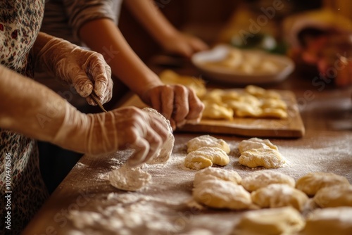 Family members work together in the kitchen, preparing traditional holiday pastries by hand, capturing the warmth and significance of holiday cooking and time-honored recipes.